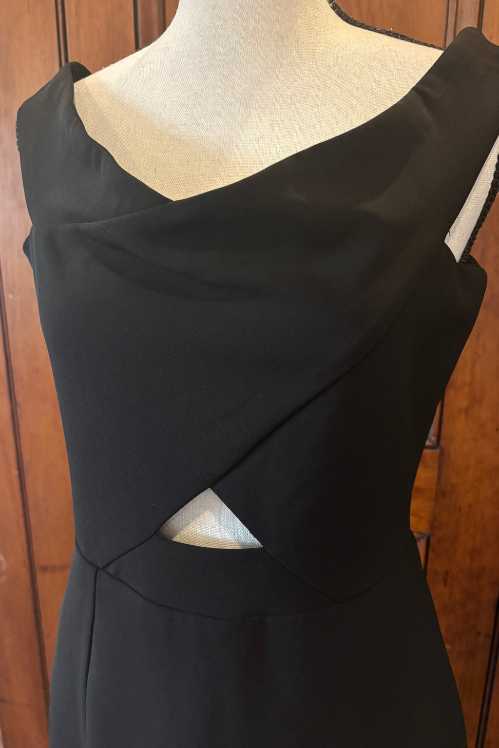 Parker black cocktail dress detail close up daring peekaboo belly detail like new Sassy and Chic