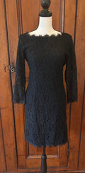DVF black lace midi dress front view elegant long sleeves pre-owned designer cocktail dresses Sassy and Chic