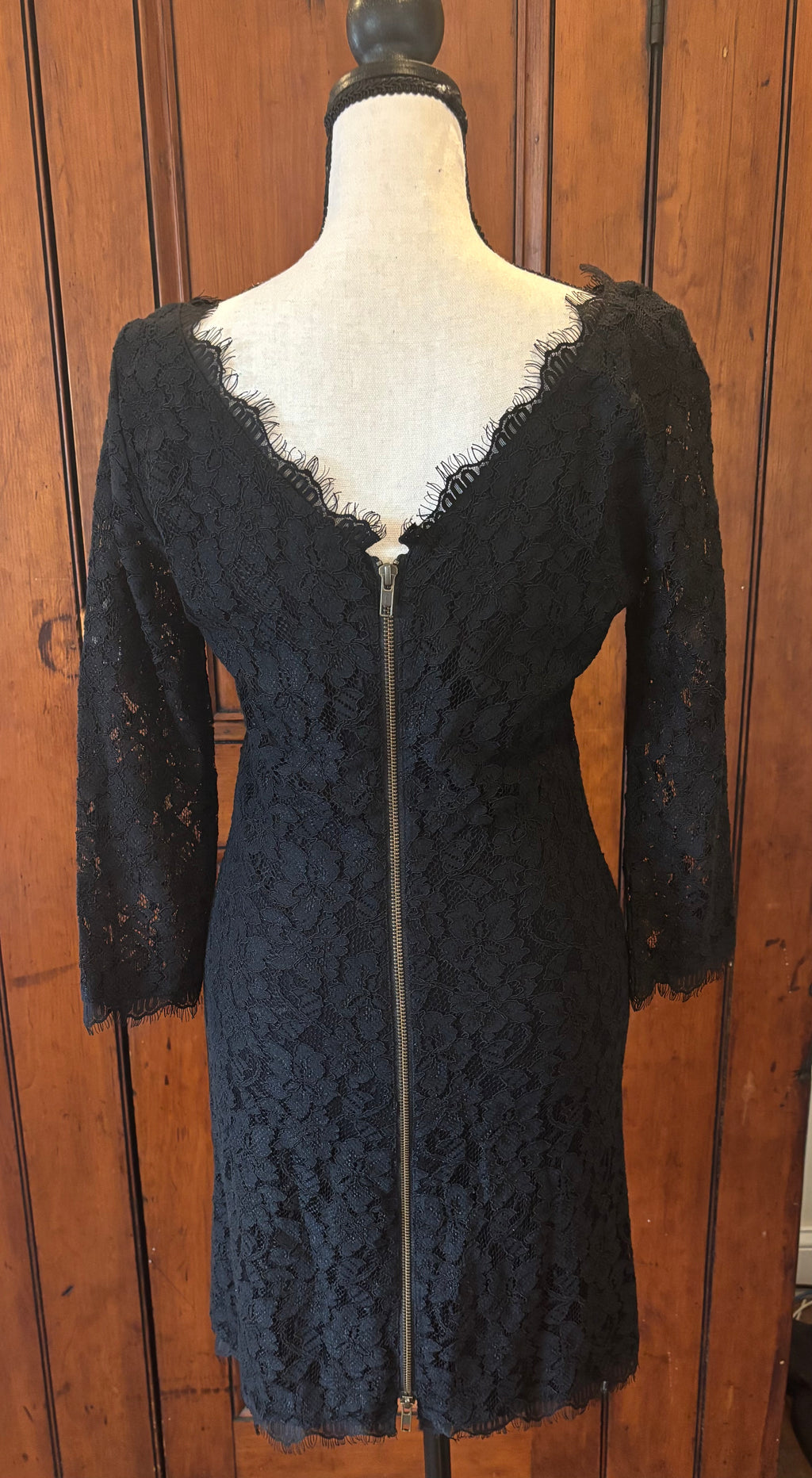 DVF black lace midi dress back view stunning V back detail pre-owned designer cocktail dresses Sassy and Chic