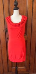 Trina Turk orange red cowl neck dress front view sleeveless silhouette pre-owned cocktail dresses Sassy and Chic