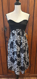 DVF black strapless sweetheart dress front view geometric skirt pre-owned designer cocktail dresses Sassy and Chic