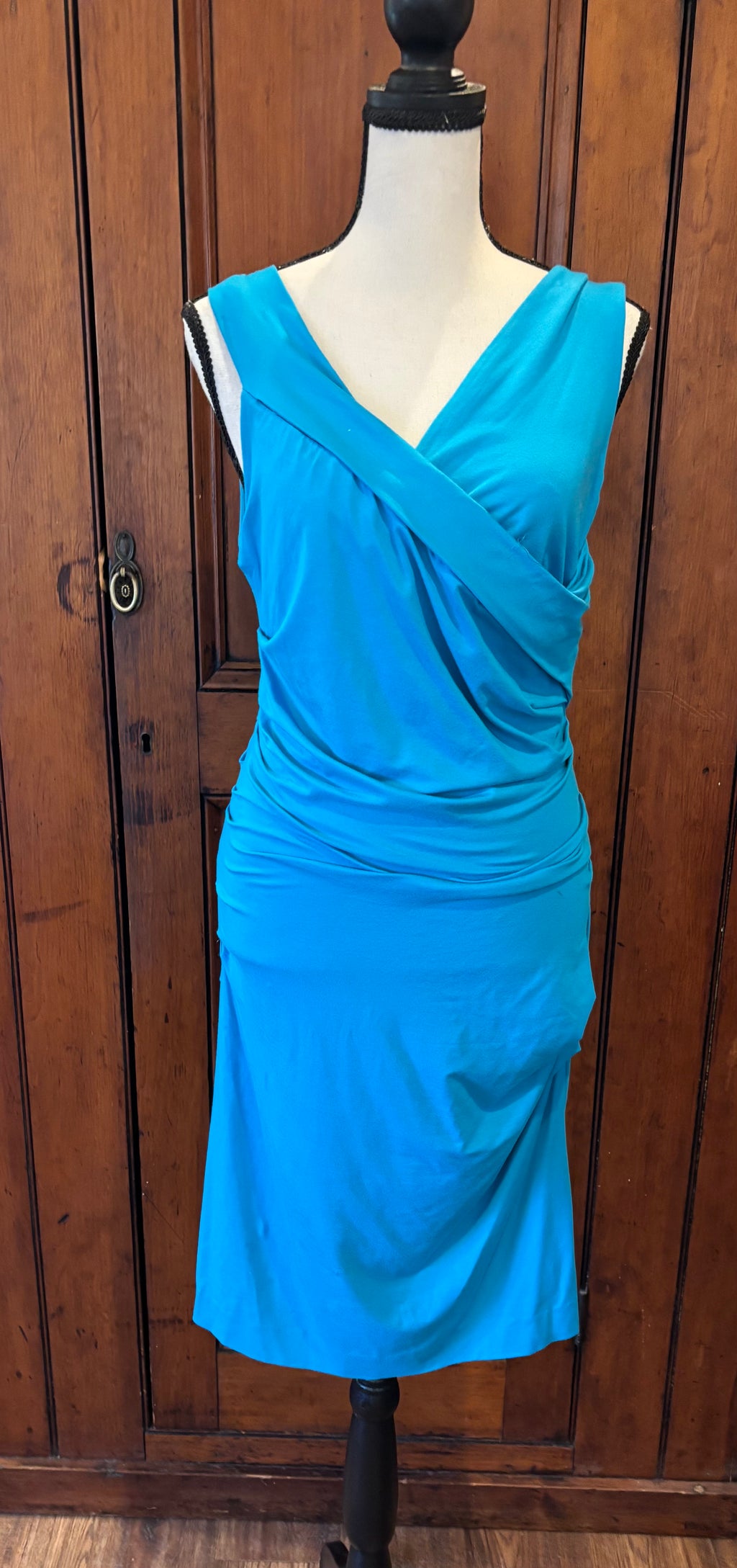 DVF sky blue ruched dress front view V-neckline sleeveless silhouette pre-owned cocktail dresses Sassy and Chic