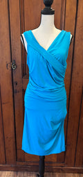 DVF sky blue ruched dress front view V-neckline sleeveless silhouette pre-owned cocktail dresses Sassy and Chic