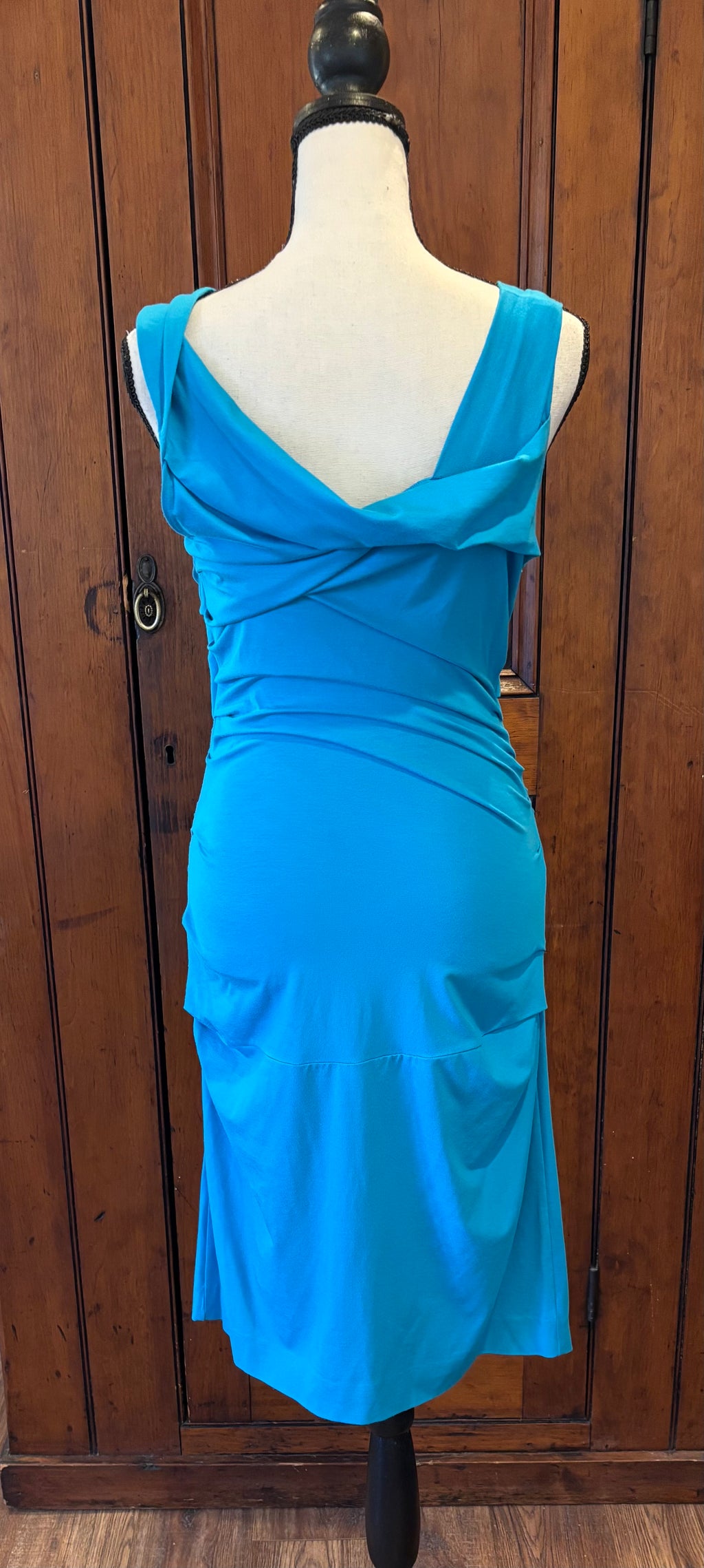 DVF sky blue ruched dress back view pre-owned designer cocktail dresses like new Sassy and Chic