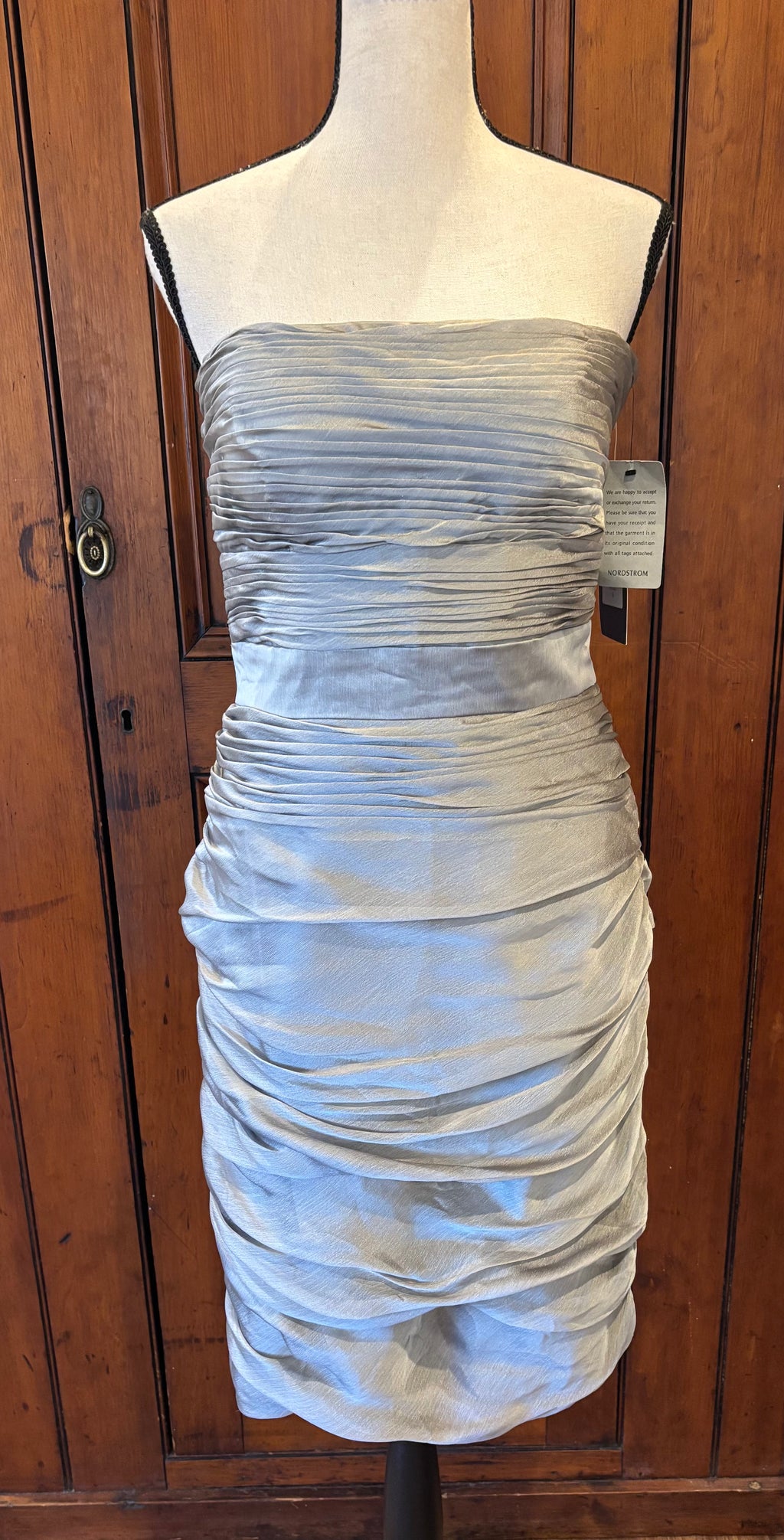 ML Monique Lhuillier silver strapless dress front view rich ruching thrifted designer dresses Sassy and Chic