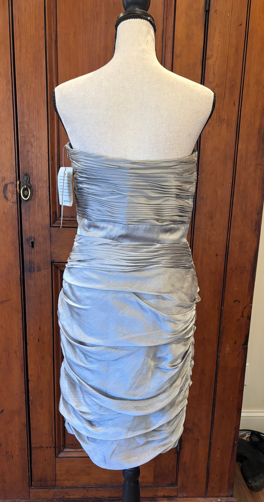 ML Monique Lhuillier silver strapless dress back view thrifted designer dresses brand new tags Sassy and Chic