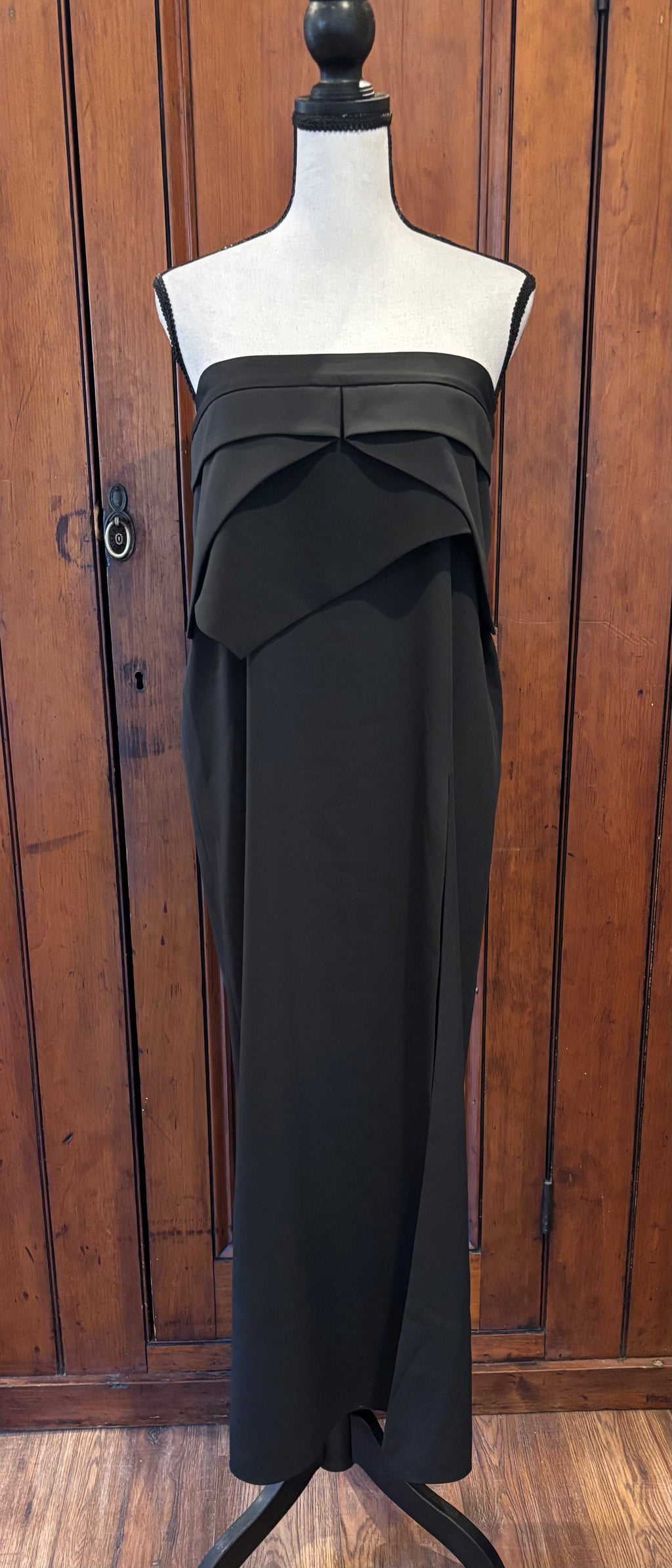BCBG black strapless cocktail dress front view sleek silhouette thrifted designer cocktail dresses Sassy and Chic