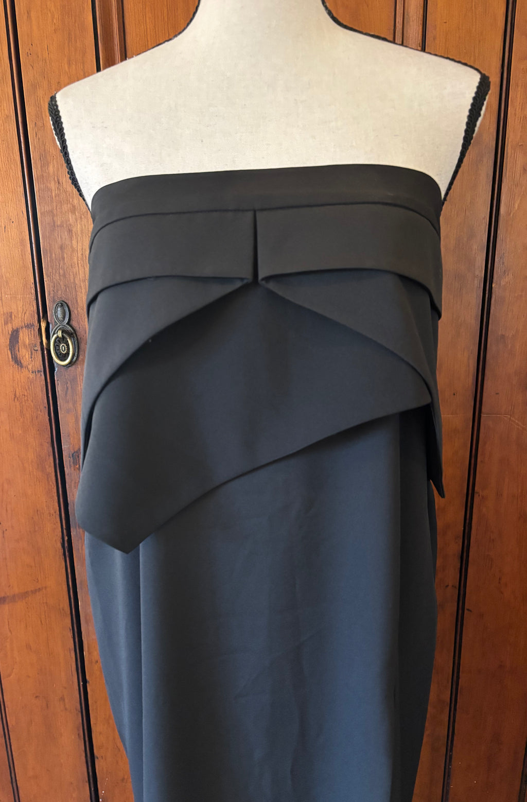 BCBG black strapless cocktail dress detail close up sleek black strapless silhouette like new Sassy and Chic