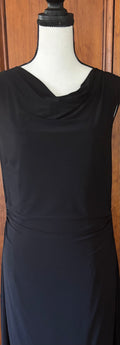 David Meister black sleeveless midi dress front view rich ruching pre-loved designer cocktail dresses Sassy and Chic