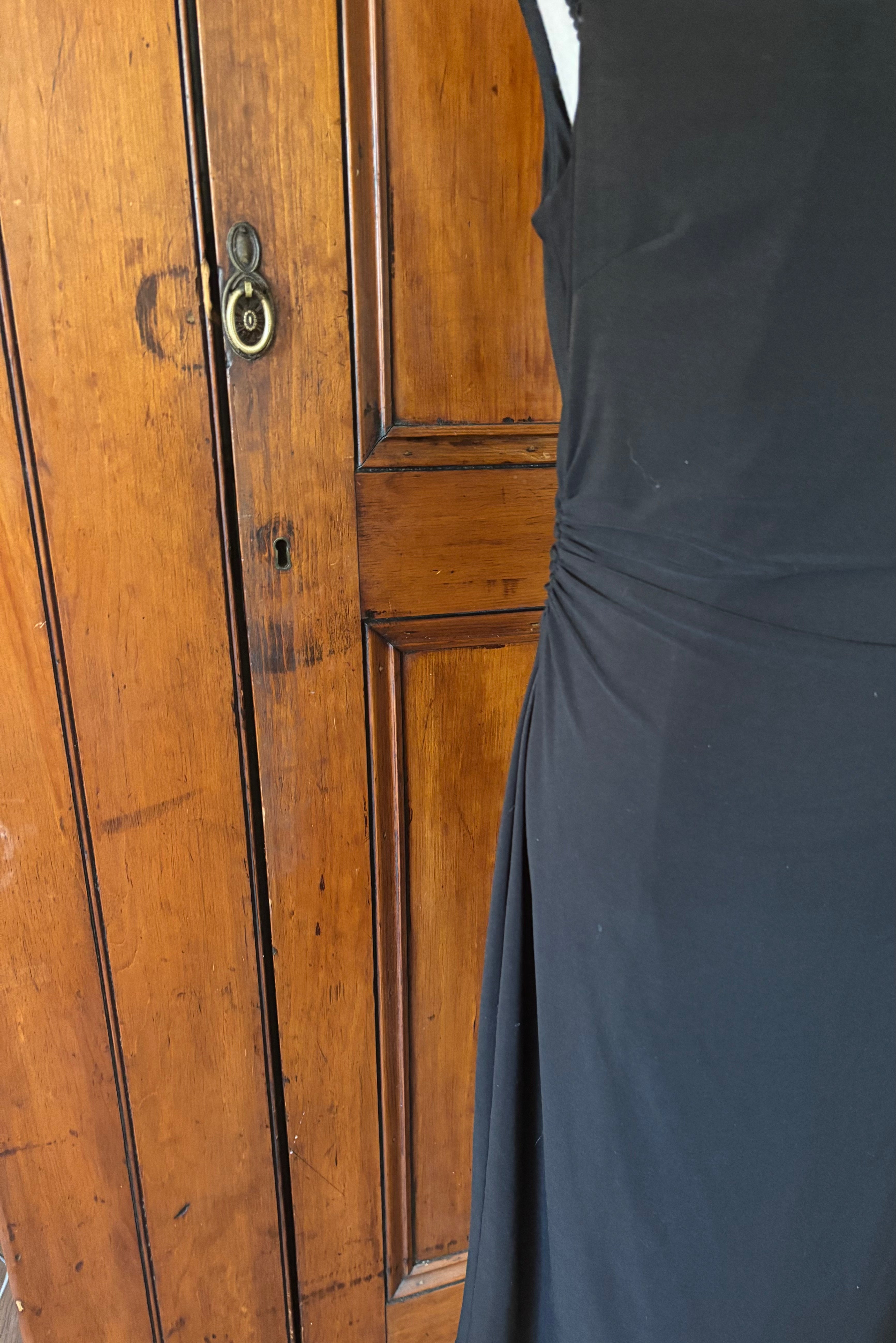 David Meister black sleeveless midi dress detail close up stunning ruching figure flattering like new Sassy and Chic