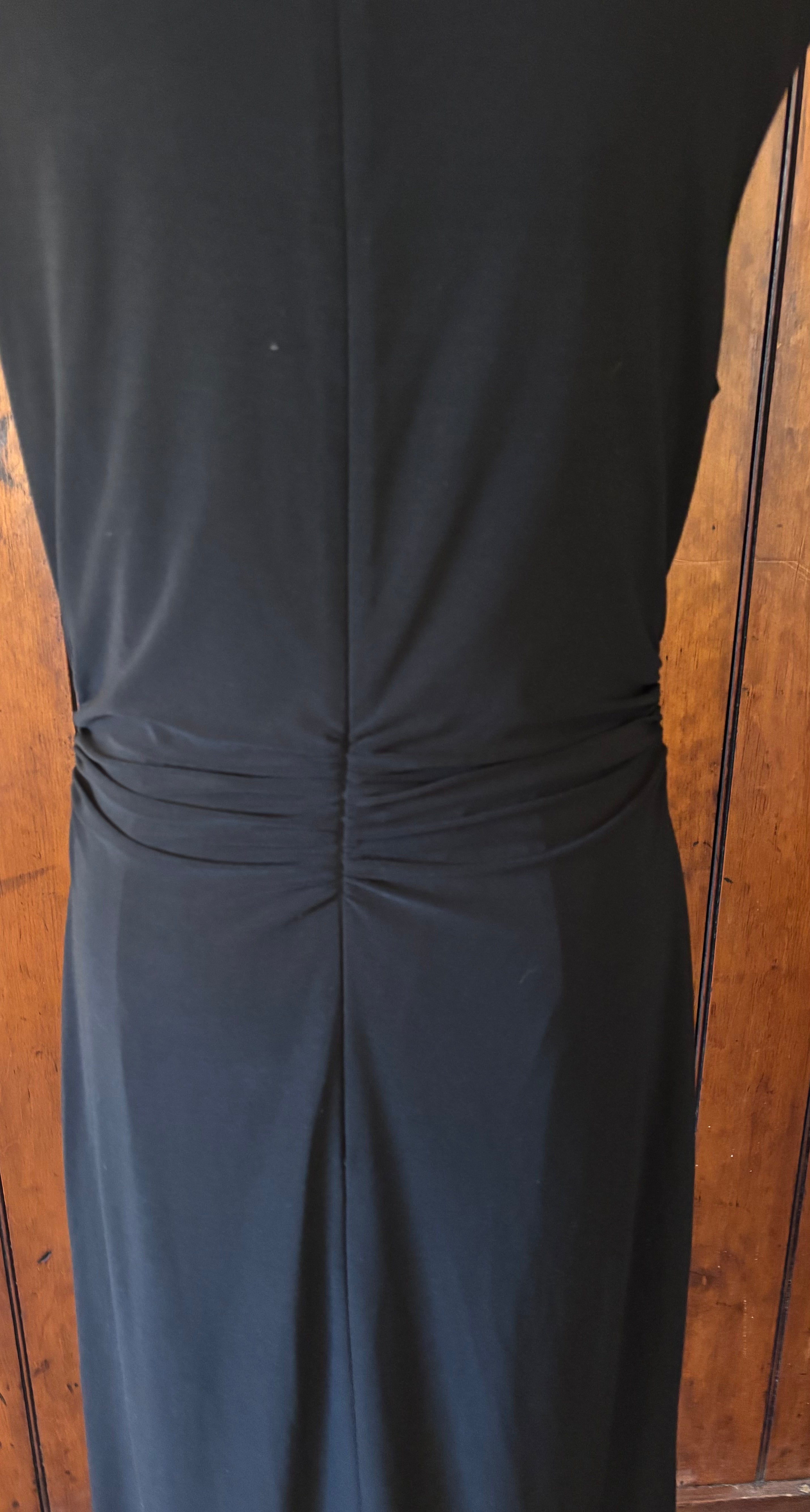 David Meister black sleeveless midi dress detail close up stunning ruching figure flattering like new Sassy and Chic