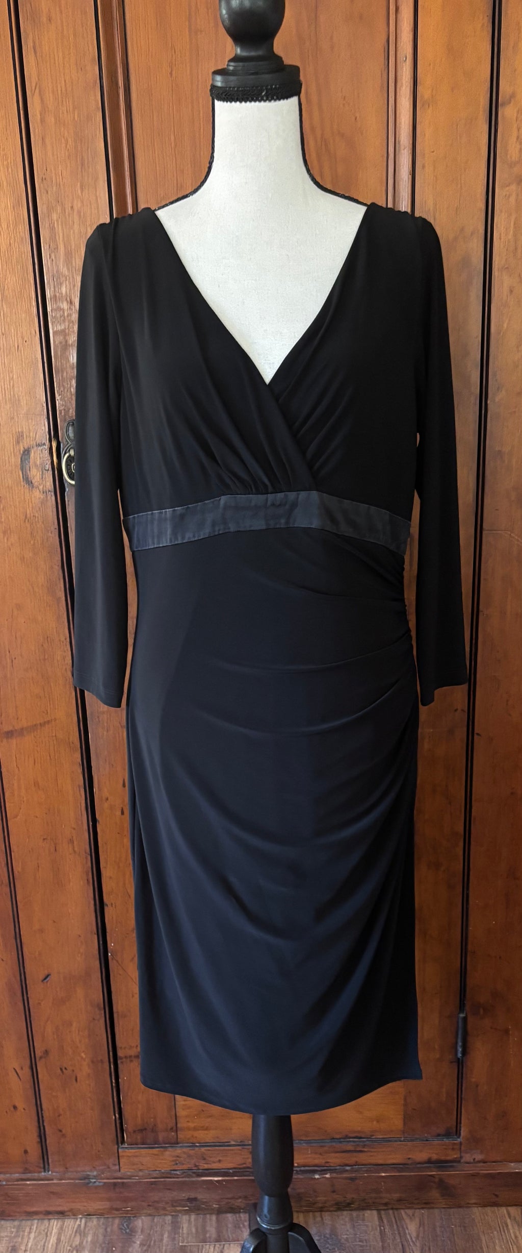 Lauren RL black long sleeve ruched dress front view deep V-neckline pre-owned cocktail dresses Sassy and Chic