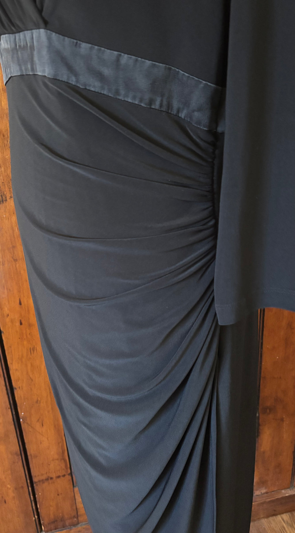 Lauren RL black long sleeve ruched dress detail close up rich ruching deep V-neckline like new Sassy and Chic