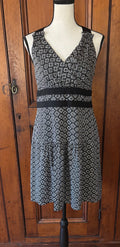 DVF black white geometric print dress front view V-neckline accented waist pre-owned designer dresses Sassy and Chic