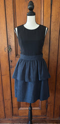 Shoshanna black navy cocktail dress front view sleek bodice ruffled skirt pre-owned cocktail dresses Sassy and Chic