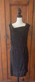 Calypso black cowl neck mini dress front view draped neckline tie waist thrifted dresses Sassy and Chic