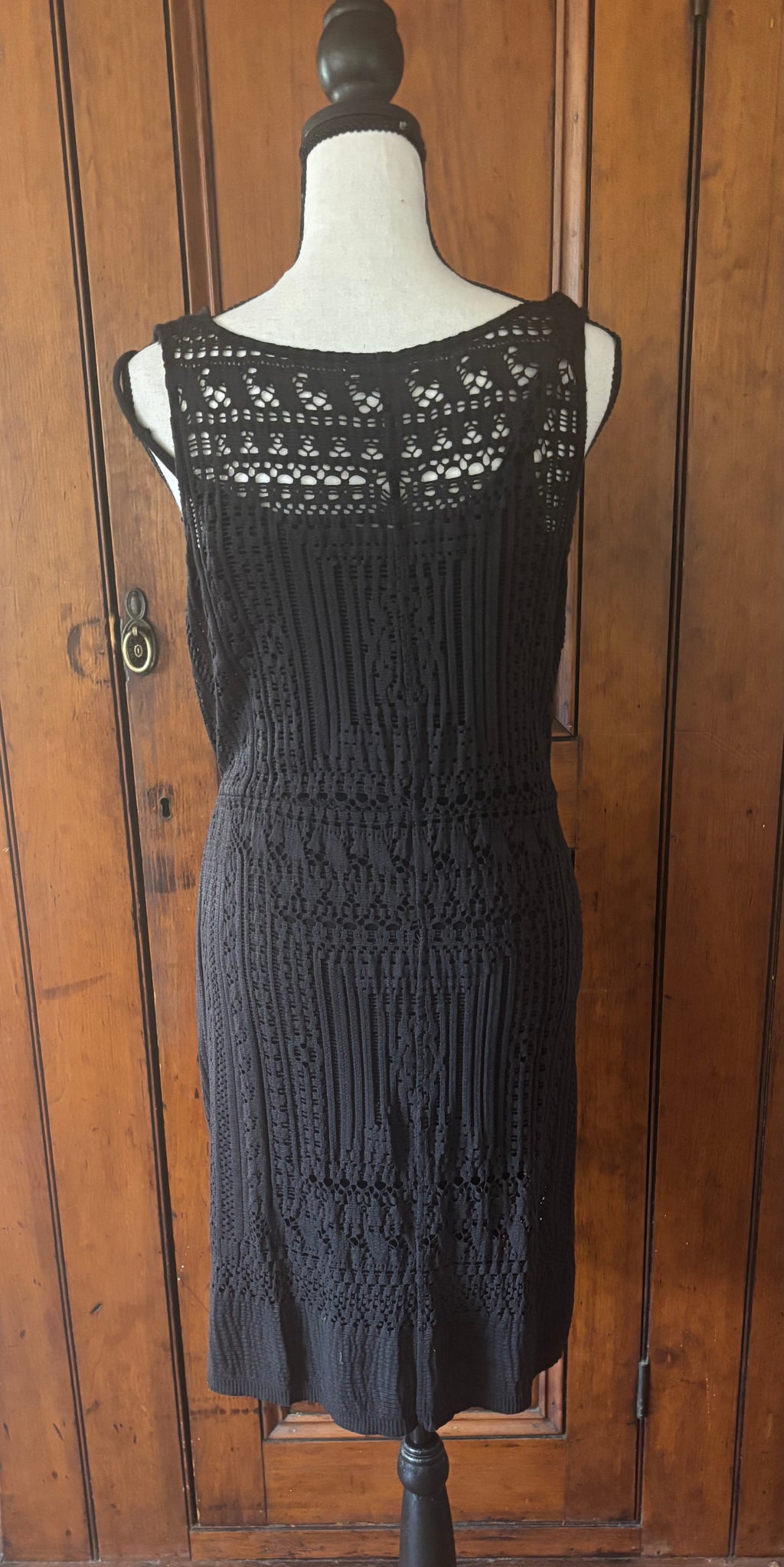 Calypso black cowl neck mini dress back view thrifted dresses like new Sassy and Chic
