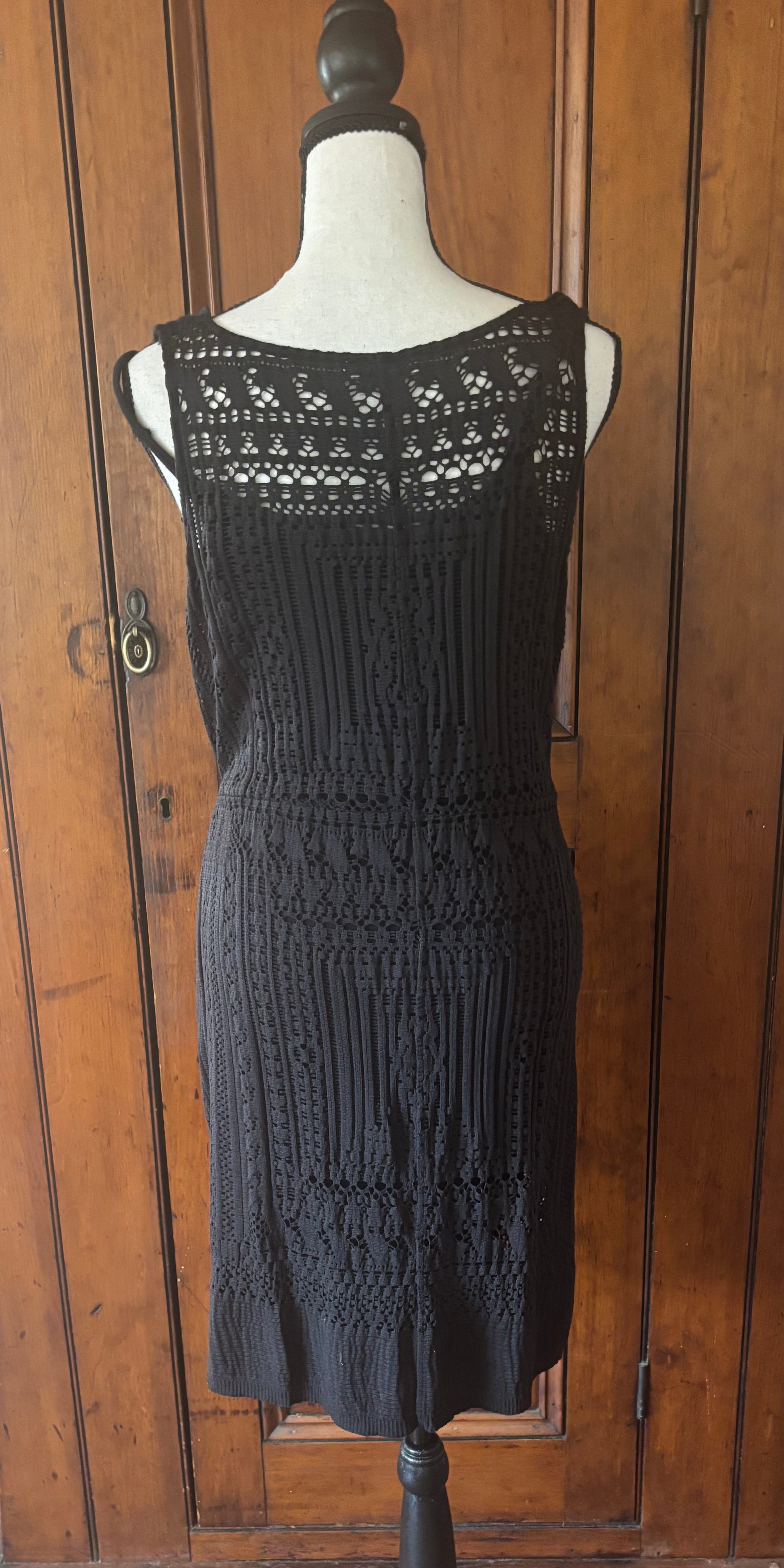 Calypso black cowl neck mini dress back view thrifted dresses like new Sassy and Chic