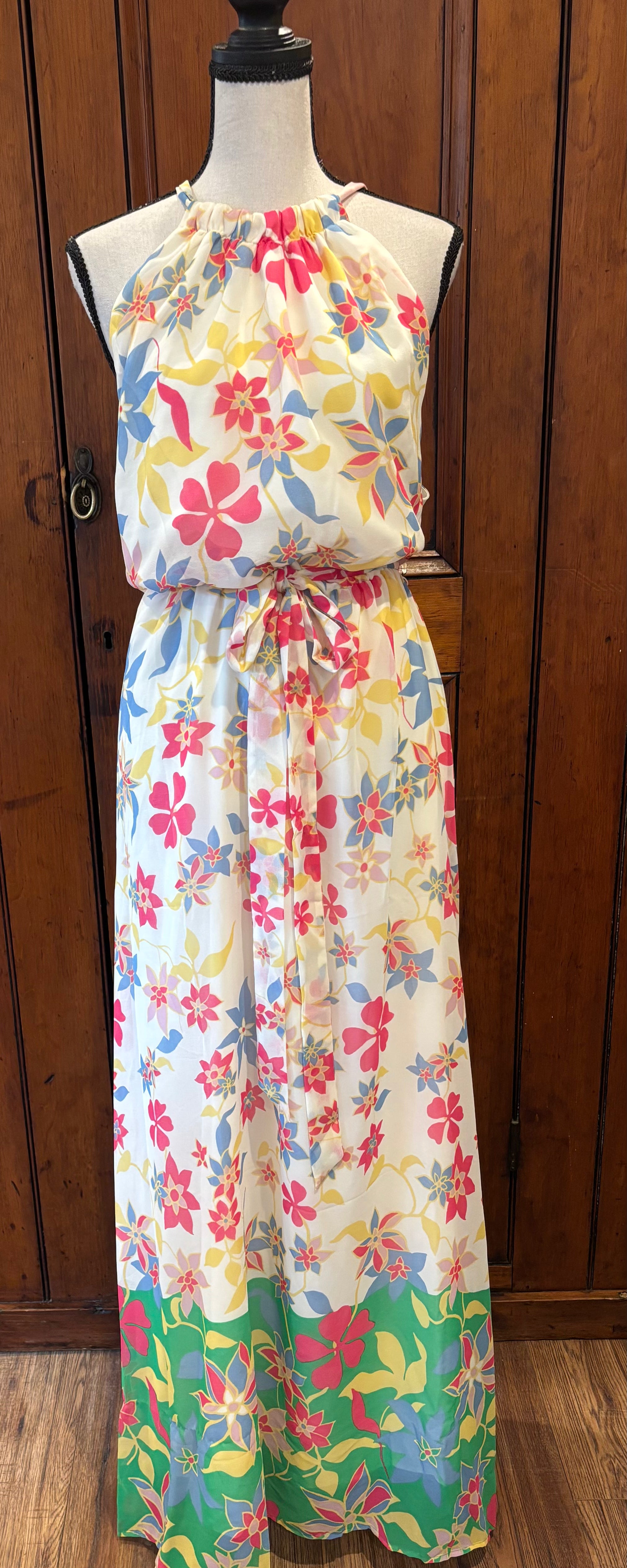 ModCloth multicolor floral maxi dress front view spaghetti straps tie waist thrifted dresses Sassy and Chic