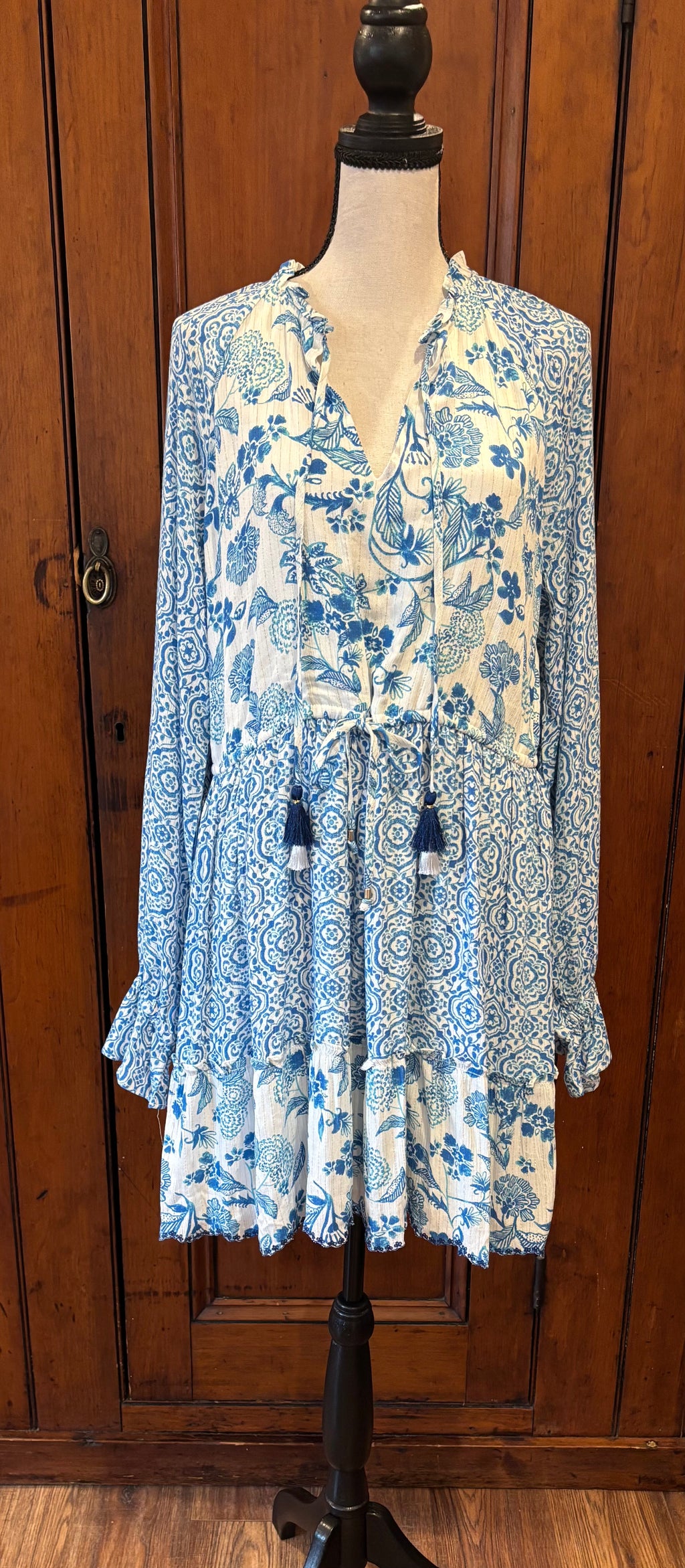 House of Harlow 1960 light blue dress front view V-neckline ruffle accents thrifted style designer dresses Sassy and Chic