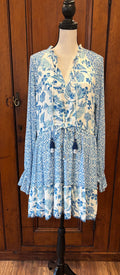 House of Harlow 1960 light blue dress front view V-neckline ruffle accents thrifted style designer dresses Sassy and Chic