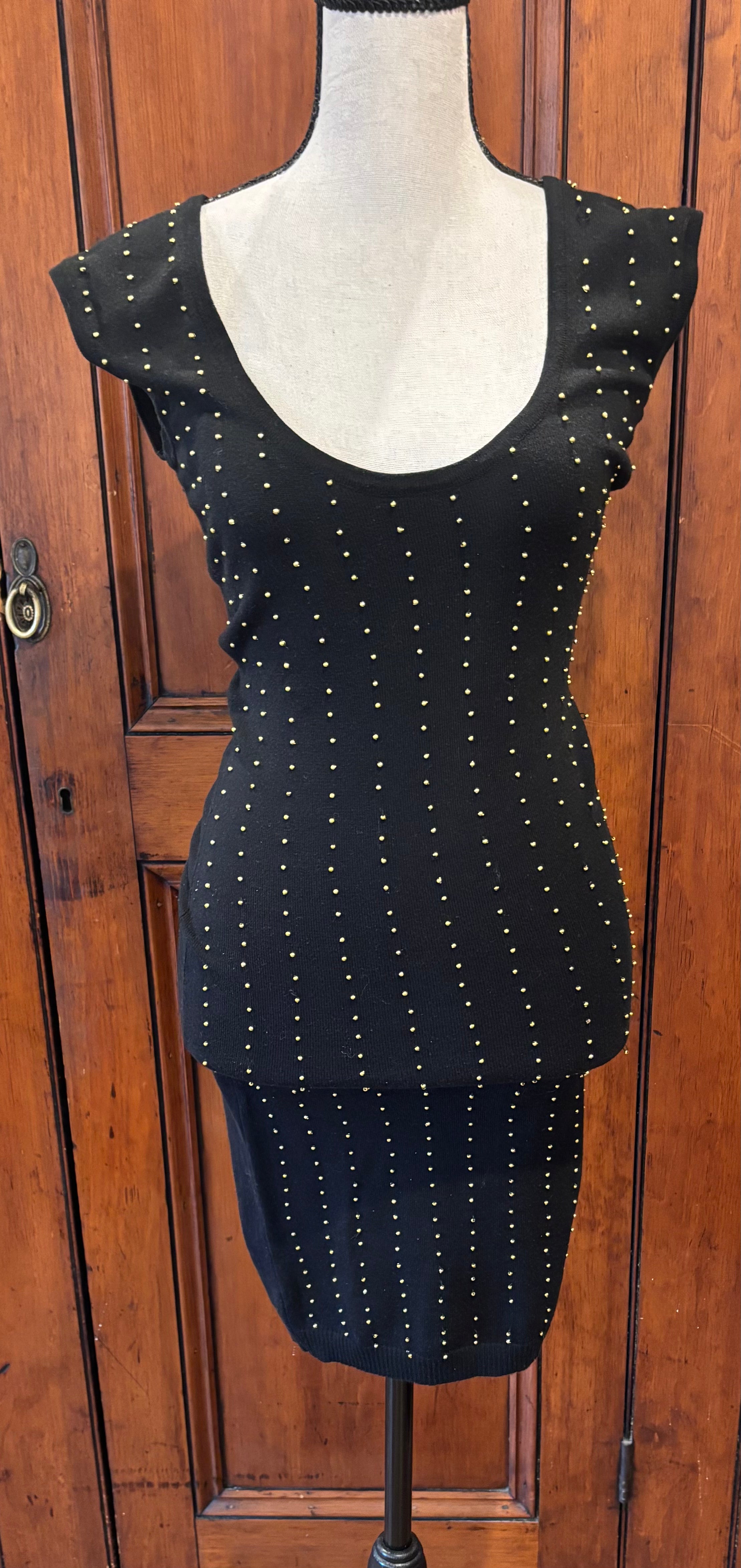 Mateo black gold stud mini dress front view scoop neckline cap sleeves secondhand dresses Sassy and Chic