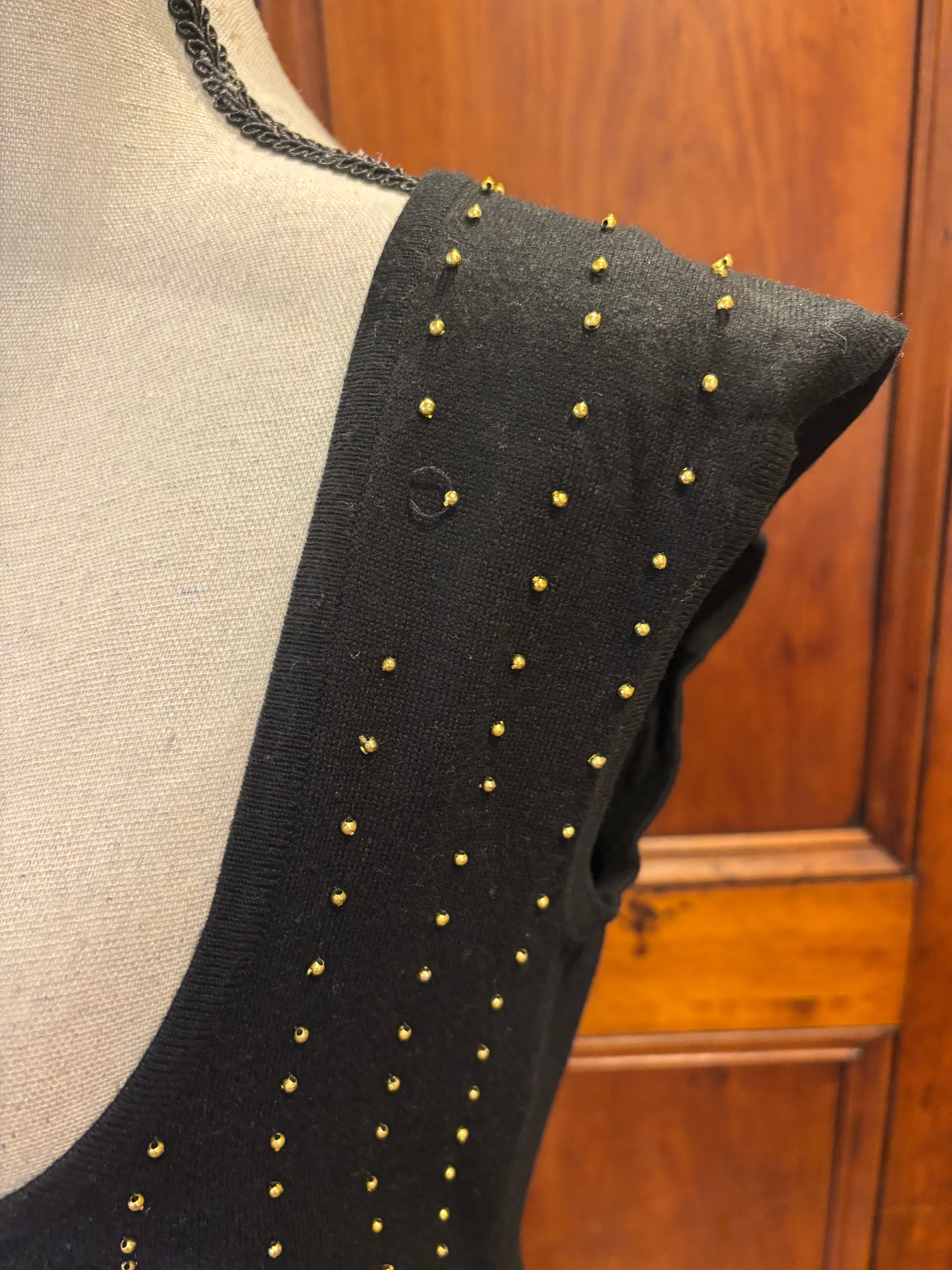 Mateo black gold stud mini dress detail close up gold stud accents missing studs as noted Sassy and Chic