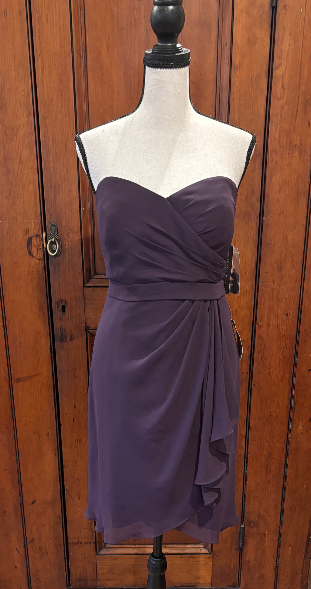 Jenny Yoo eggplant strapless dress front view sweetheart neckline belted waist thrifted cocktail dresses Sassy and Chic