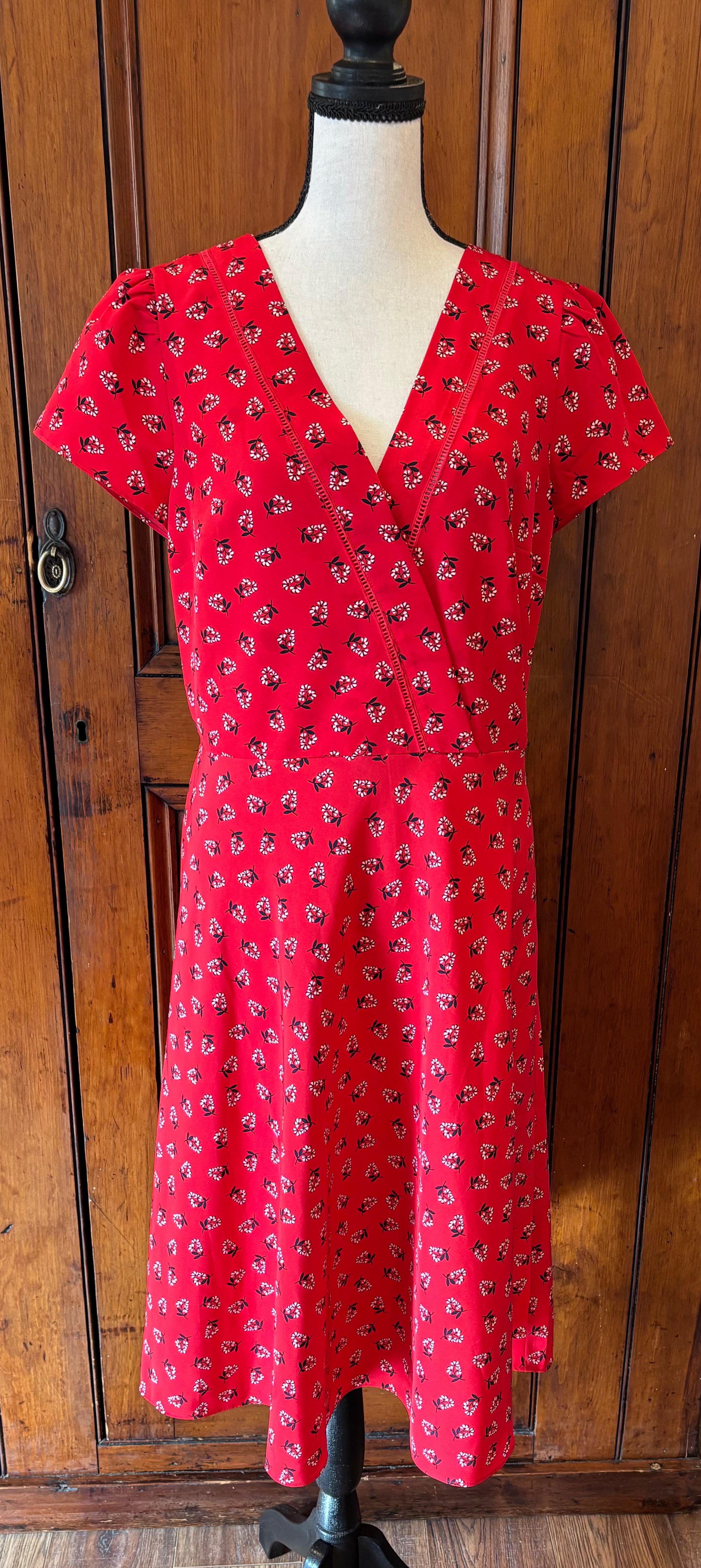 Draper James red floral midi dress front view V-neckline short sleeve pre-loved dresses Sassy and Chic
