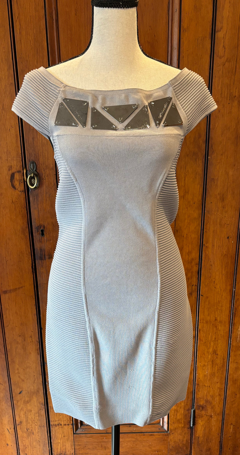 Faith Connection light grey dress front view boat neckline cap sleeves secondhand cocktail dresses Sassy and Chic