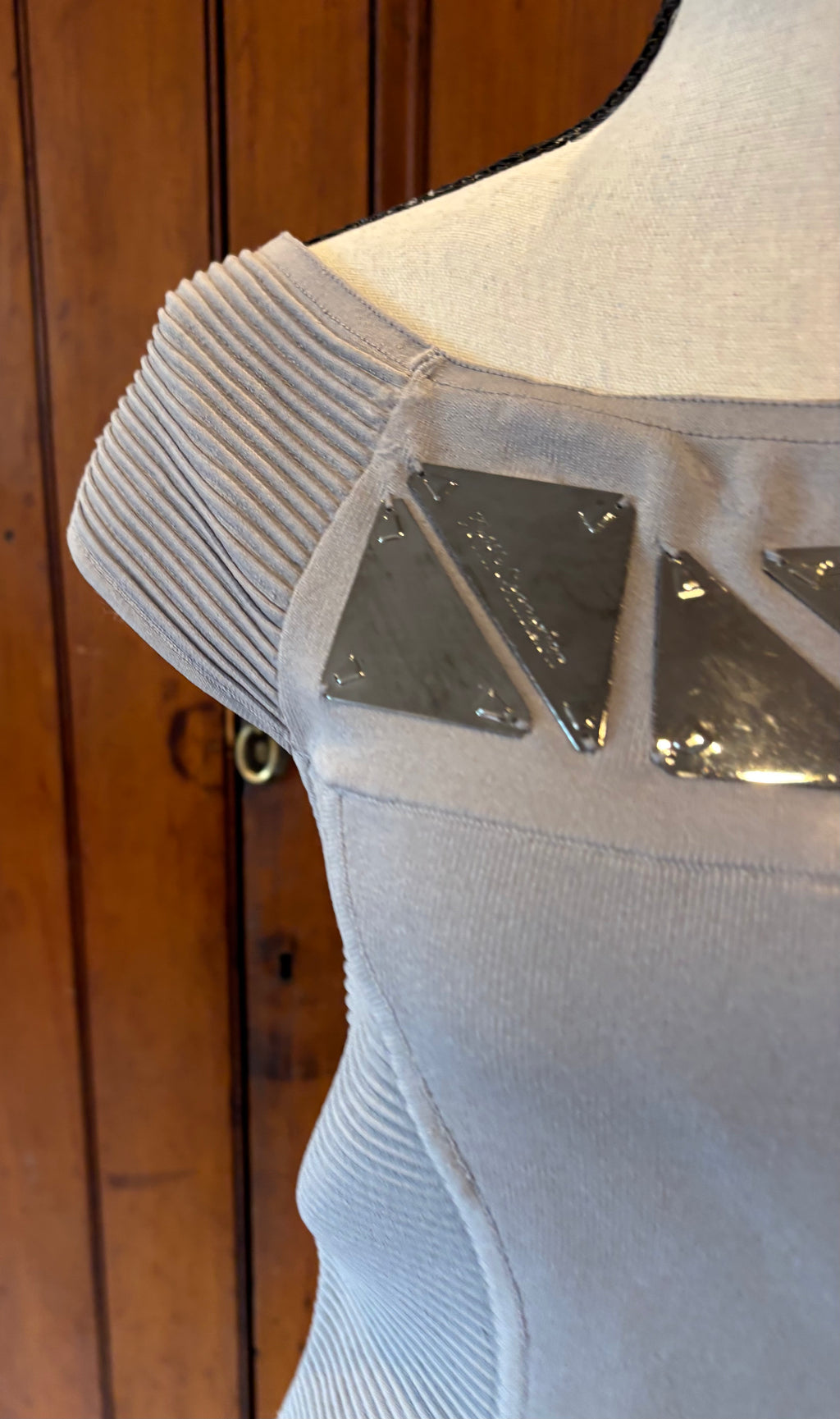Faith Connection light grey dress detail close up slight fray right shoulder as shown Sassy and Chic