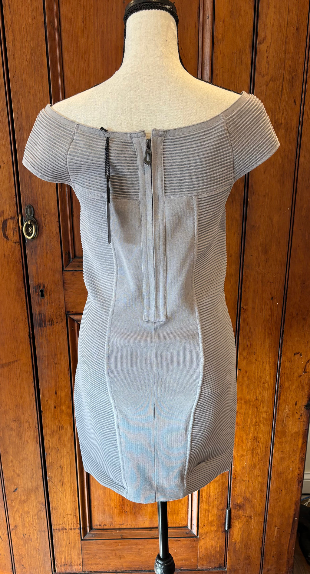 Faith Connection light grey dress back view secondhand designer cocktail dresses Sassy and Chic