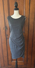 LEITH dark grey sleeveless dress front view flattering ruching secondhand like new dresses Sassy and Chic