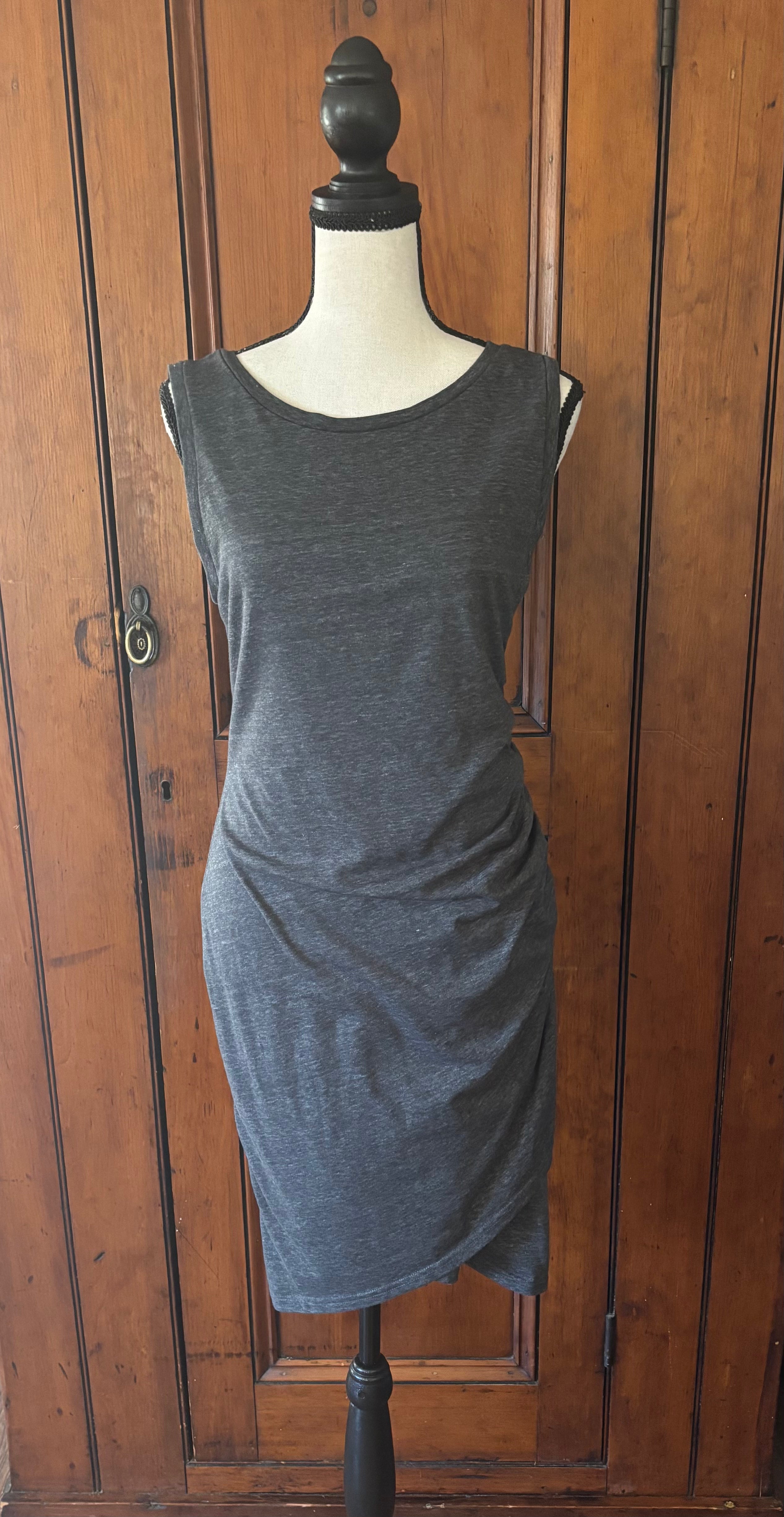 LEITH dark grey sleeveless dress front view flattering ruching secondhand like new dresses Sassy and Chic