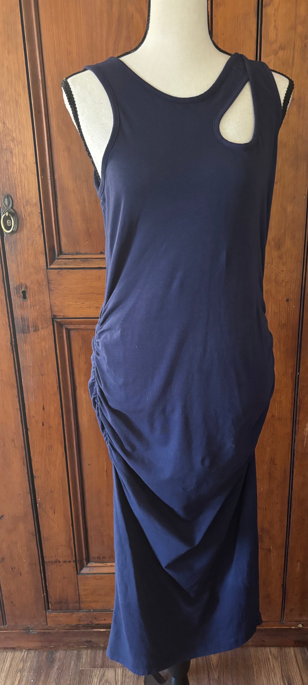 Michael Stars navy sleeveless midi dress front view flattering ruching secondhand like new dresses Sassy and Chic