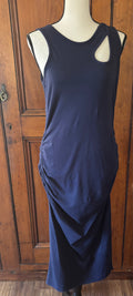 Michael Stars navy sleeveless midi dress front view flattering ruching secondhand like new dresses Sassy and Chic
