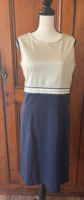 Sara Campbell beige navy sleeveless dress front view accentuated waist thrifted like new dresses Sassy and Chic