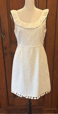 Calypso St Barth cream ruffle neck dress front view pompom hem pre-owned designer dresses Sassy and Chic