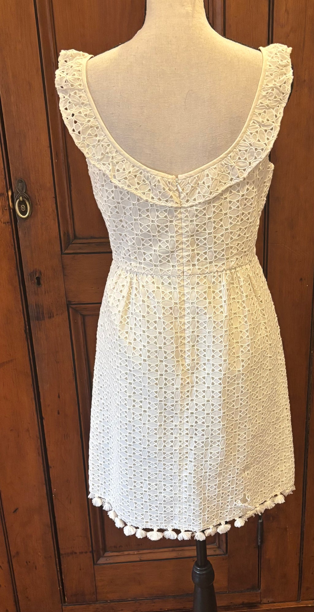 Calypso St Barth cream ruffle neck dress back view minor flaw near hem as shown pre-owned designer dresses Sassy and Chic