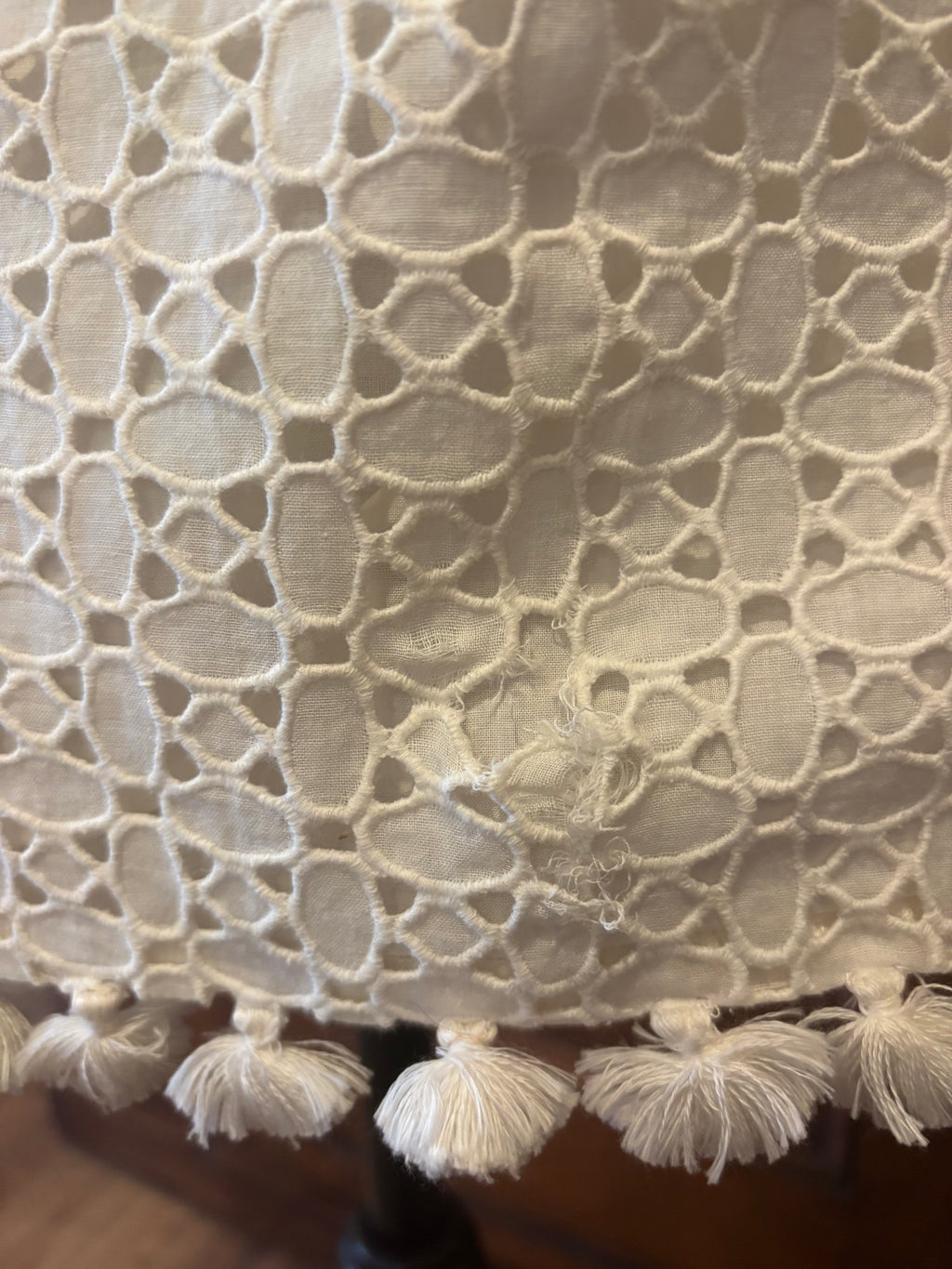 Calypso St Barth cream ruffle dress detail close up whimsical pompom hem ruffle neckline like new Sassy and Chic