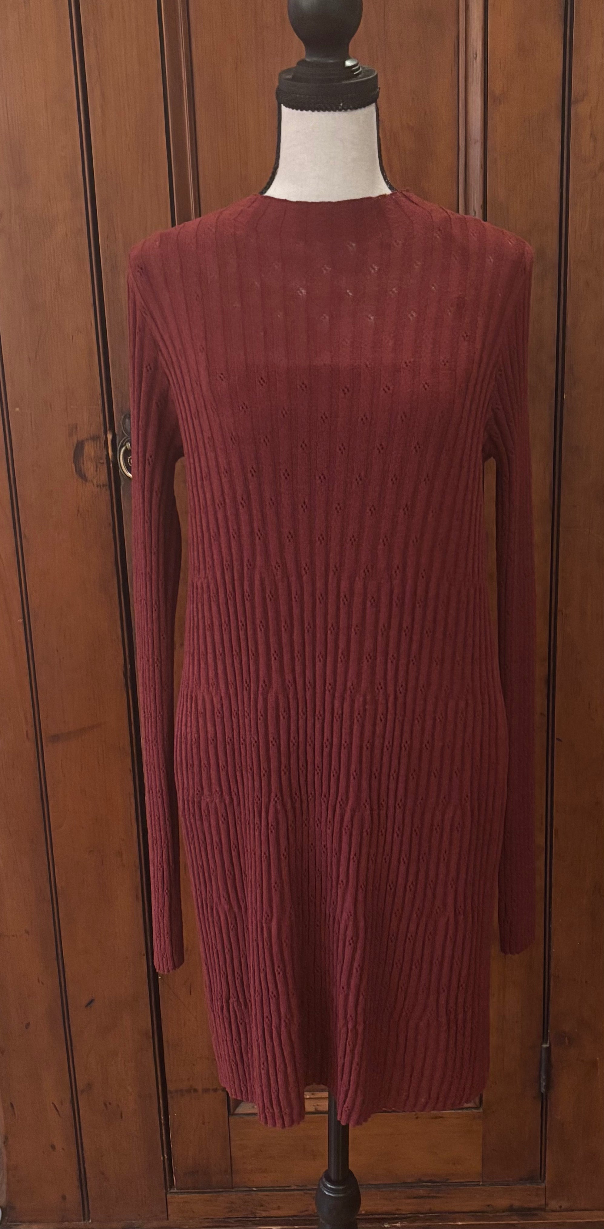Lulus cranberry long sleeve midi dress front view stretchy silhouette pre-loved dresses Sassy and Chic