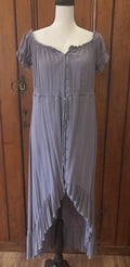 Entro grey blue ruffle maxi dress front view scoop neckline short sleeves thrifted dresses Sassy and Chic