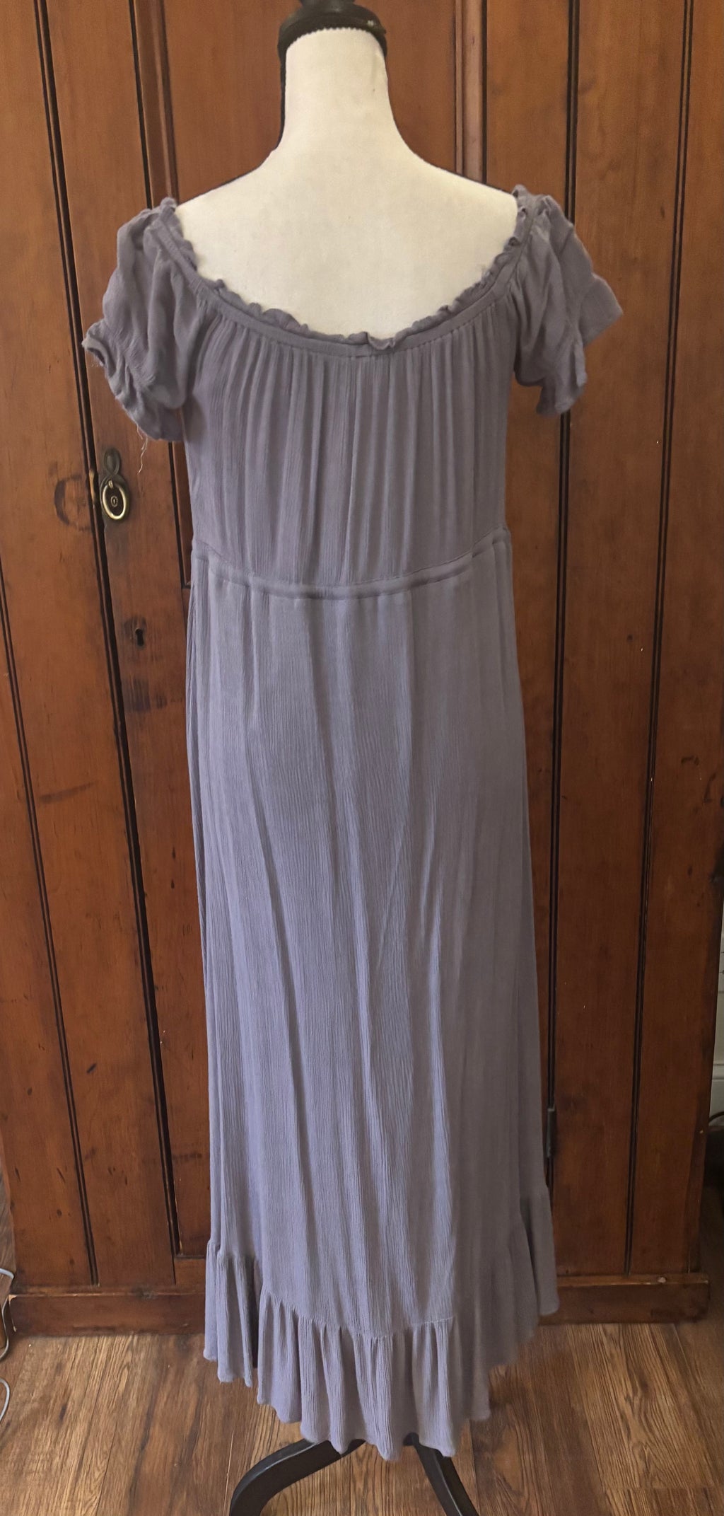 Entro grey blue ruffle maxi dress back view thrifted dresses like new Sassy and Chic