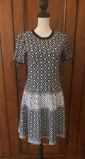 Saks Fifth Avenue black white geometric fit and flare dress front view round neckline pre-owned dresses Sassy and Chic