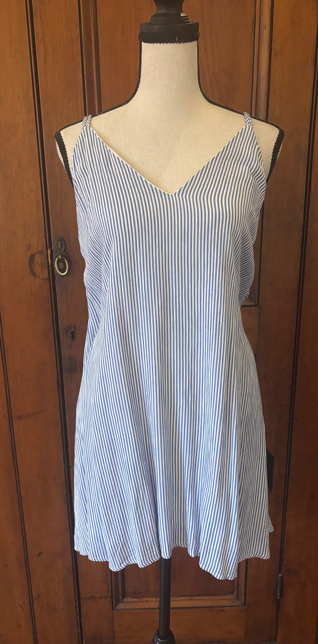 Lulus blue white pinstripe mini dress front view V-neckline spaghetti straps thrifted dresses Sassy and Chic