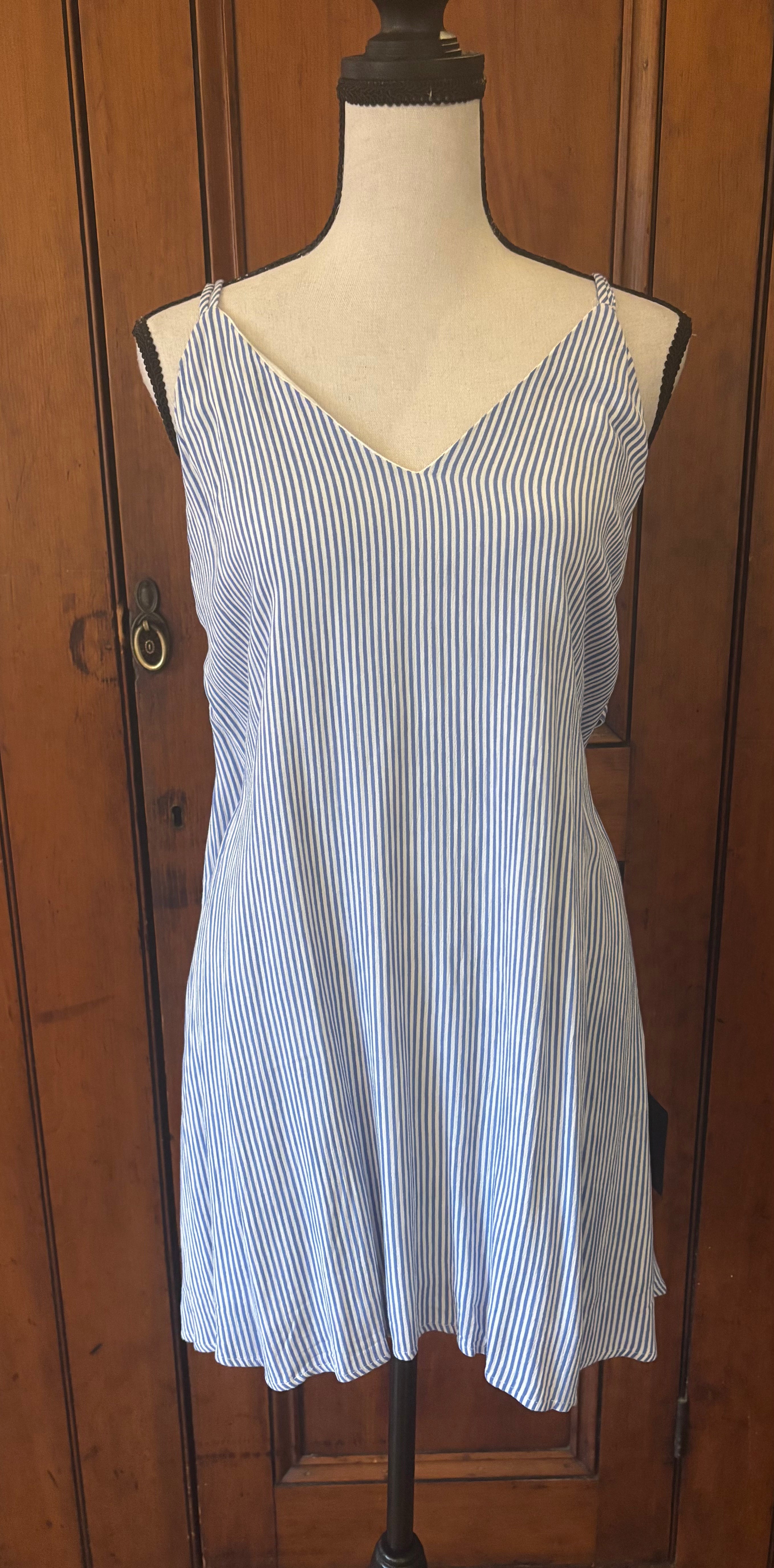 Lulus blue white pinstripe mini dress front view V-neckline spaghetti straps thrifted dresses Sassy and Chic