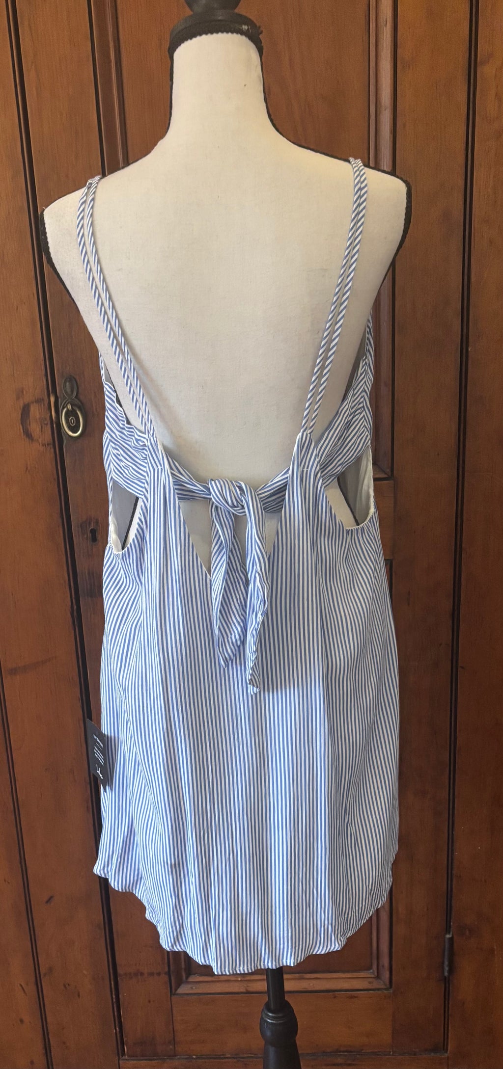 Lulus blue white pinstripe mini dress back view adorable tie back thrifted dresses brand new tags Sassy and Chic