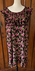 ModCloth raspberry print ruffled dress front view short sleeves pre-owned dresses like new Sassy and Chic