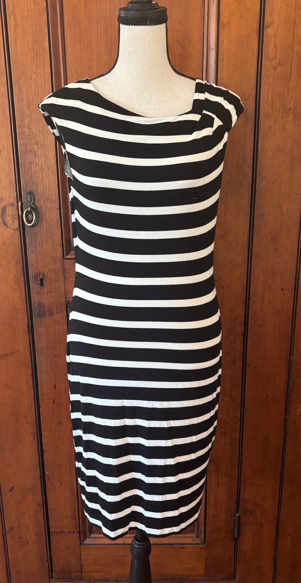 Calvin Klein black white striped midi dress front view sleeveless silhouette thrifted like new dresses Sassy and Chic