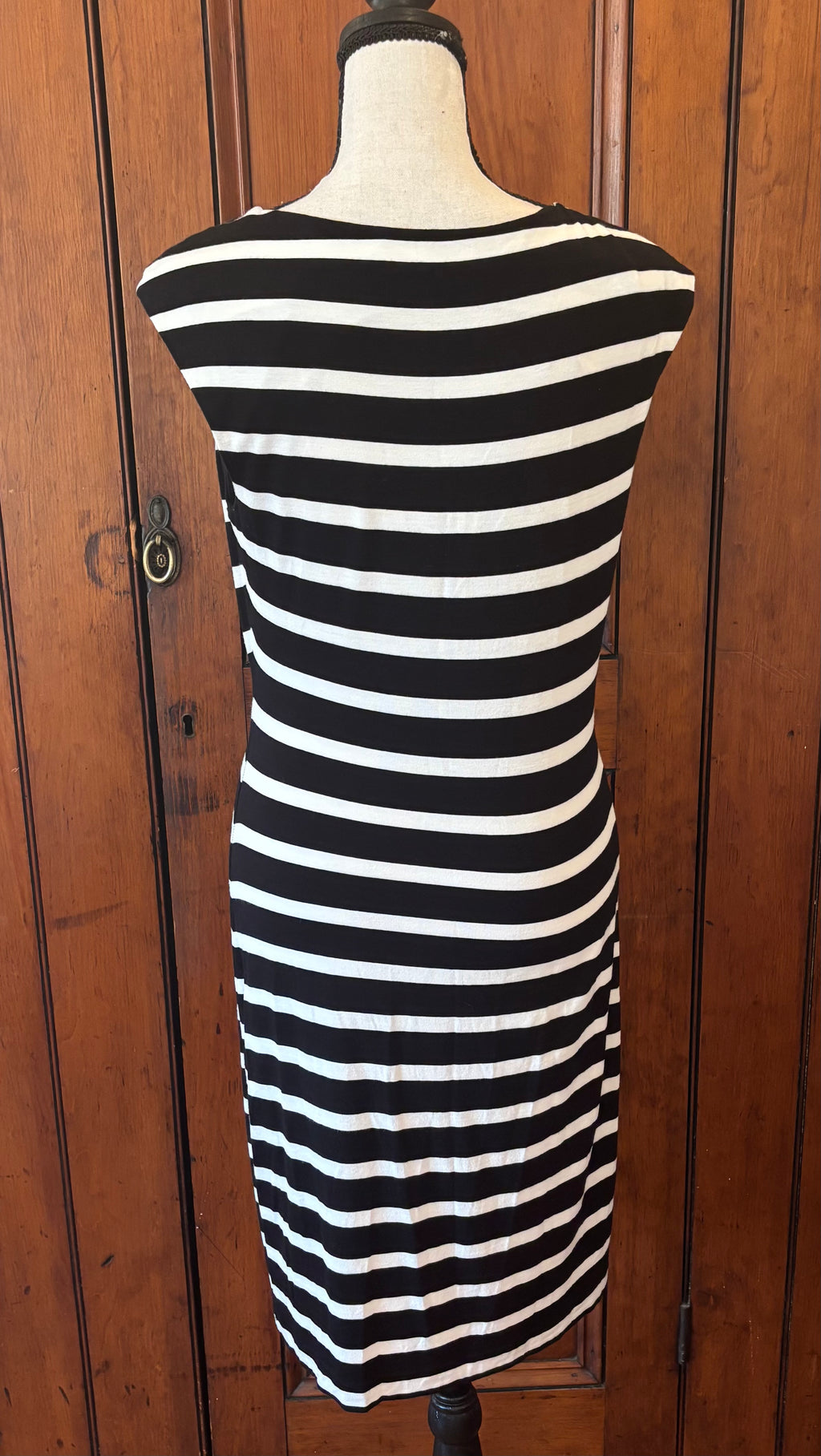 Calvin Klein black white striped midi dress back view thrifted like new dresses Sassy and Chic